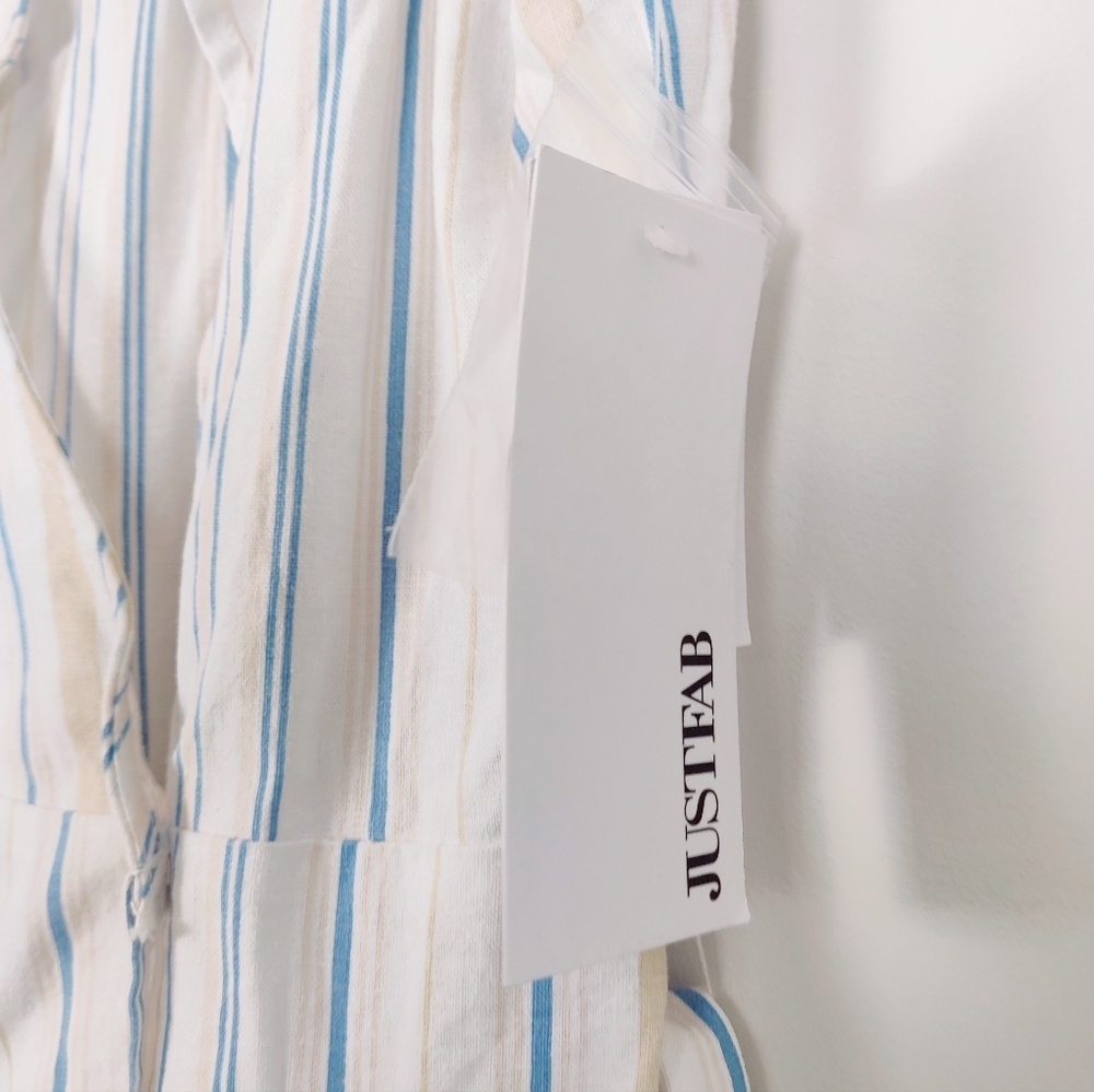 JustFab Women's Striped Ruffle Wrap Mini Dress Size Large NEW Linen Cotton - Picture 6 of 14